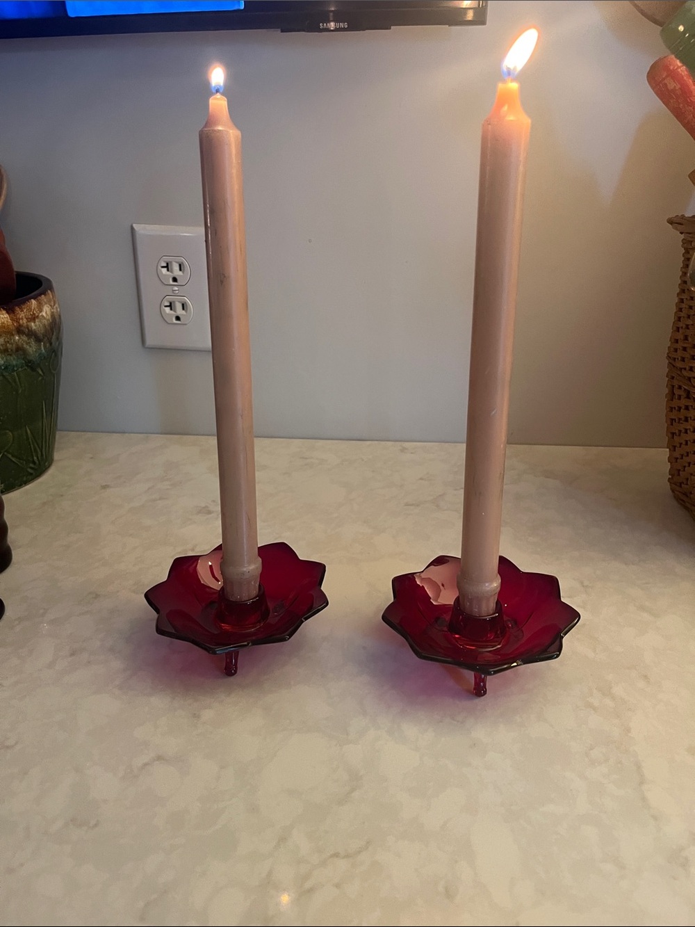 Vintage Royal Ruby anchor Hocking candle sticks footed tapers